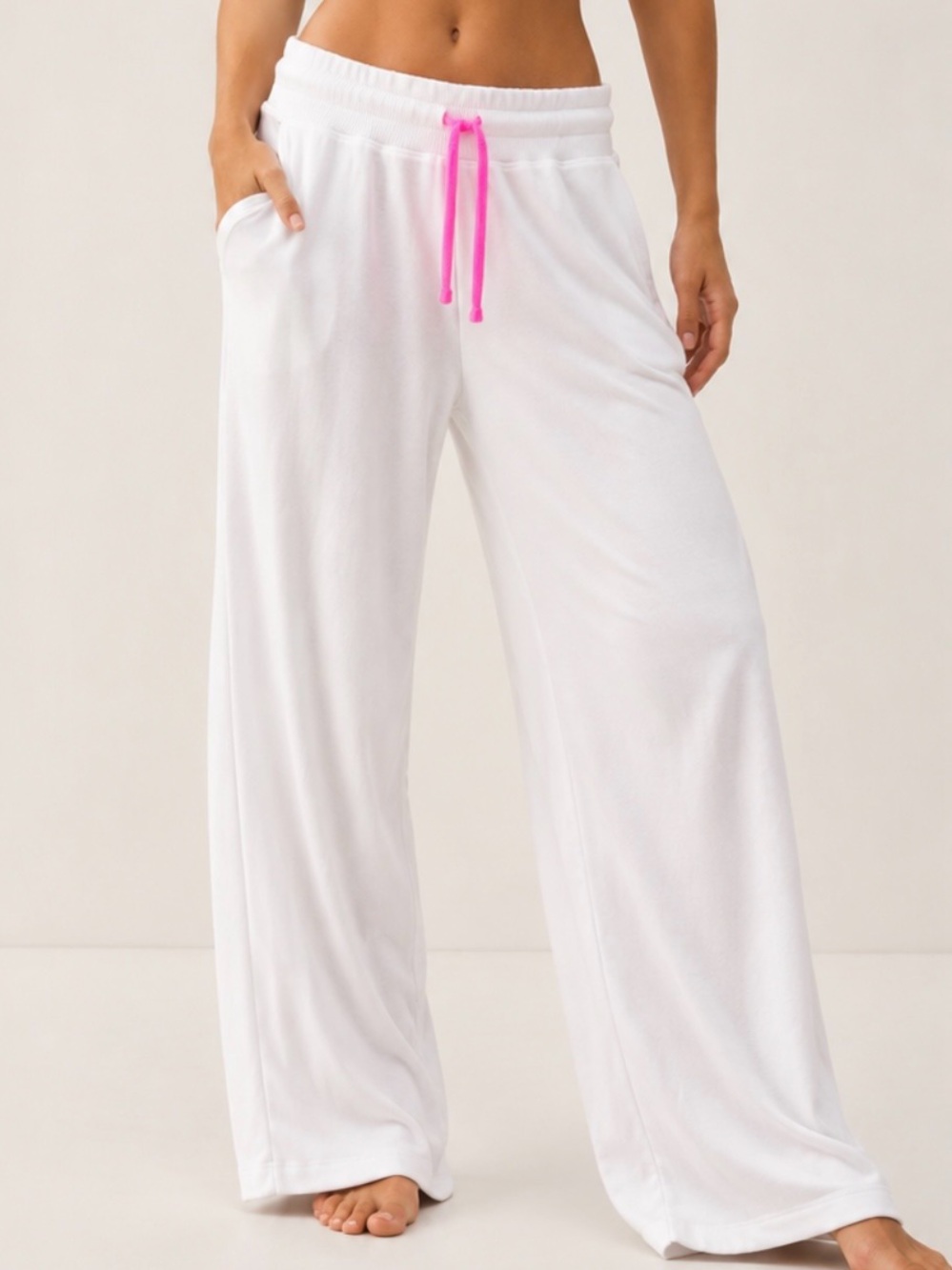 Sundry Wide Leg Cropped Sweatpants White Neon Pink Drawstring Womens Size 3 L